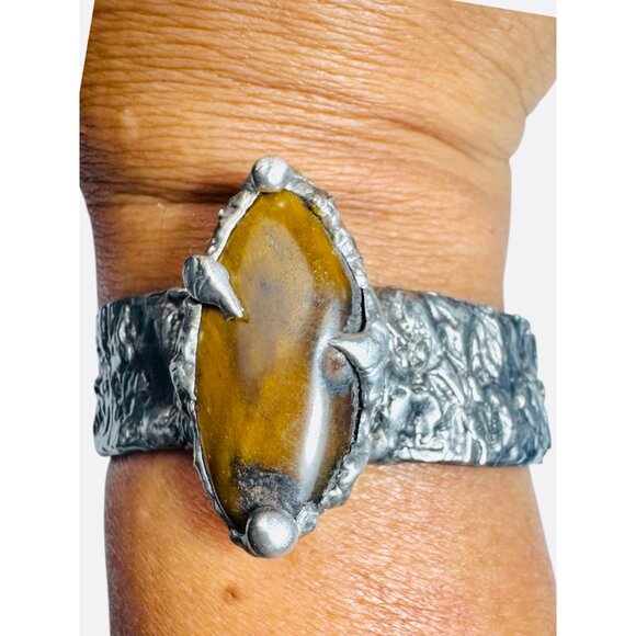 Handcrafted Brutalist Silver Bracelet W Tigers Eye Cabochon Stone Adjustable Fit - Picture 11 of 13